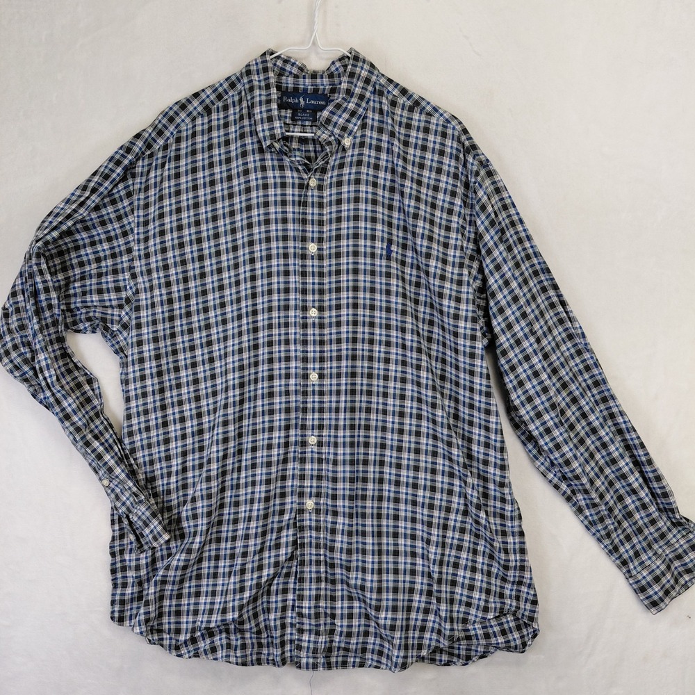 Ralph Lauren Blake Mens Plaid Button Down Shirt Blue Green White Cotton XL